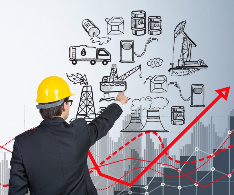 man standing and pointing at the illustration of oil production components on white wall,  back view, red graph of oil pollution, concept of environmental pollution